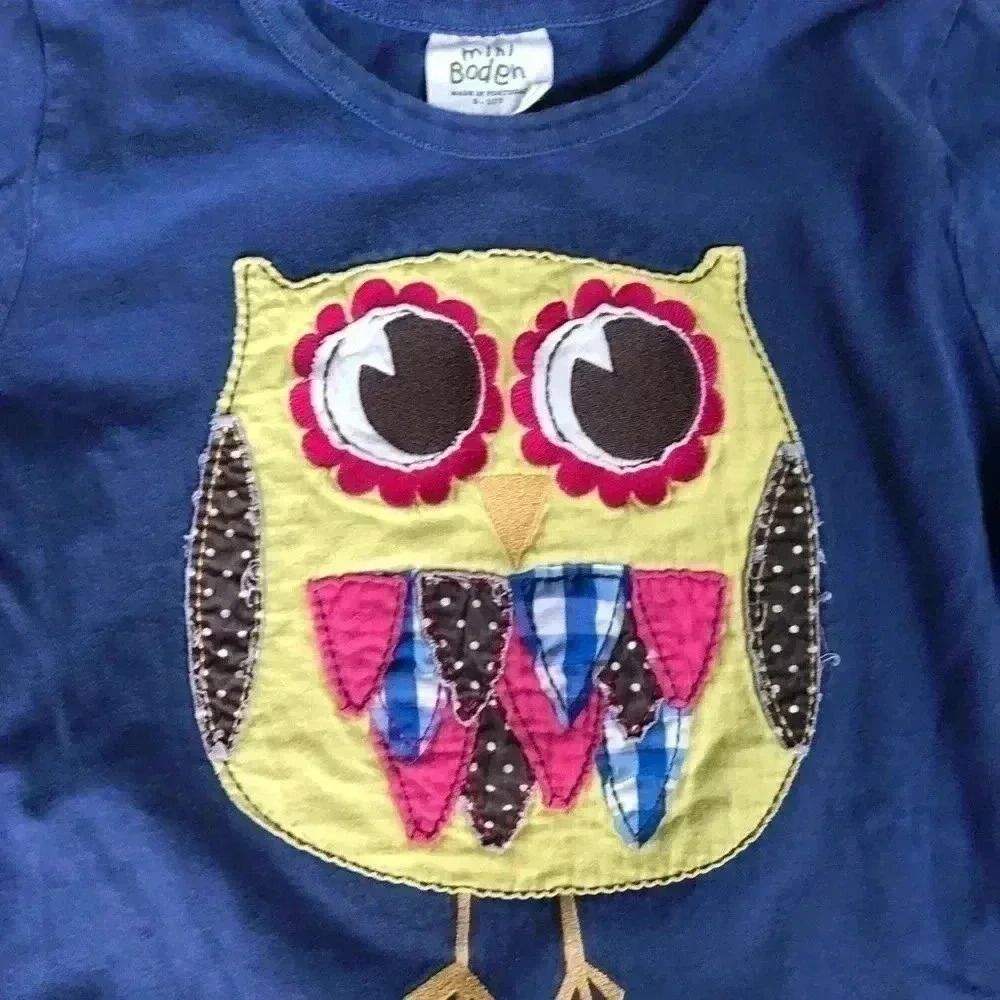 Mini Boden Girls 9-10Y Blue Long-Sleeved Owl Applique Tee - Picture 2 of 10